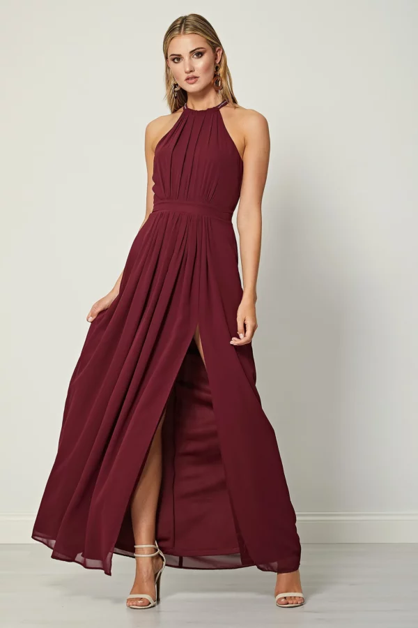 Angelina Burgundy Beaded Halterneck Maxi Dress