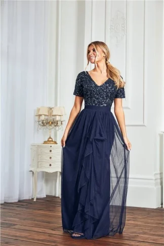 GILA NAVY ALL OVER SEQUIN TOP FRILL SKIRT DRESS