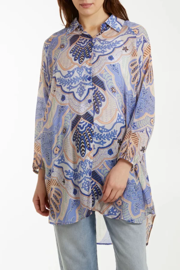 Blue Abstract Floral Print Long Sleeve Shirt