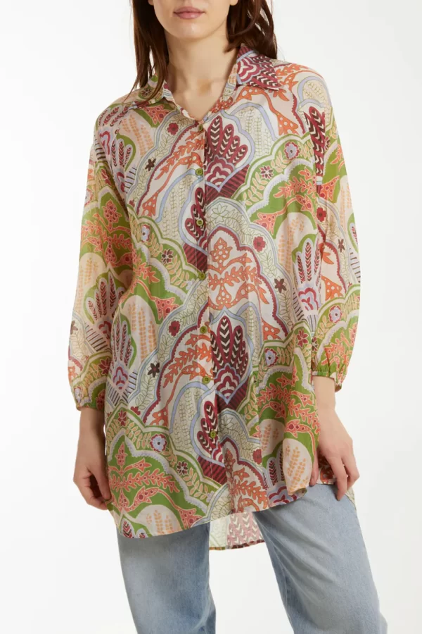 Green Abstract Floral Print Long Sleeve Shirt