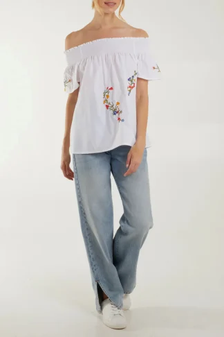 WHITE FLORAL EMBROIDERY BARDOT COTTON TOP