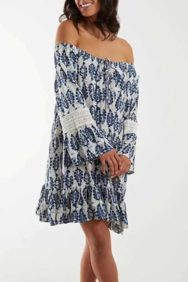White Navy Leaf Print Bardot Mini Tunic Dress