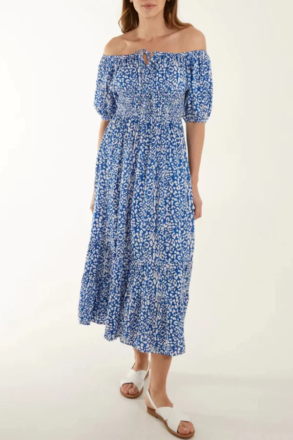 ROYAL BLUE ANIMAL PRINT BARDOT MAXI DRESS