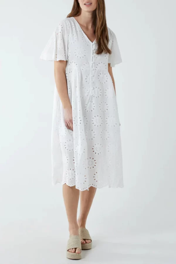 White Broderie Button Midi Dress