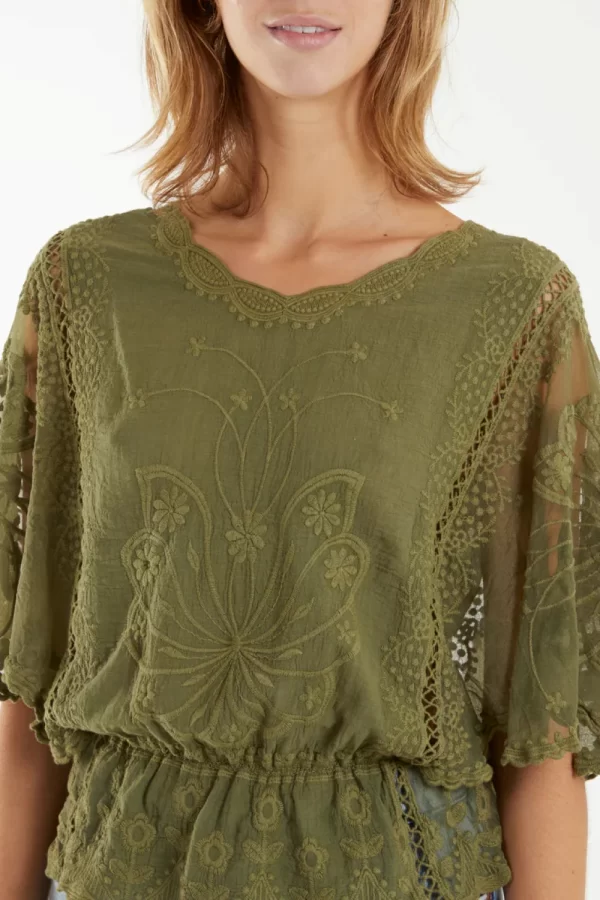 Khaki Floral Lace Butterfly Sleeve Blouse