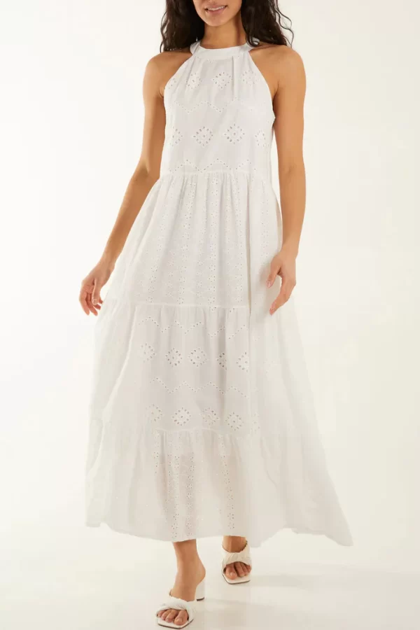 White Broderie Anglaise Halterneck Maxi Dress