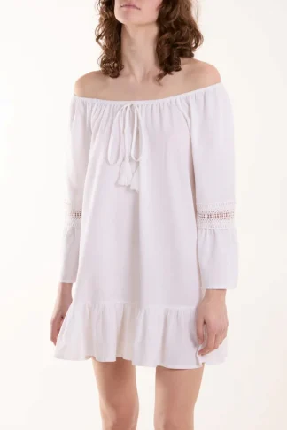 White Lace Trim Bardot Mini Tunic Dress