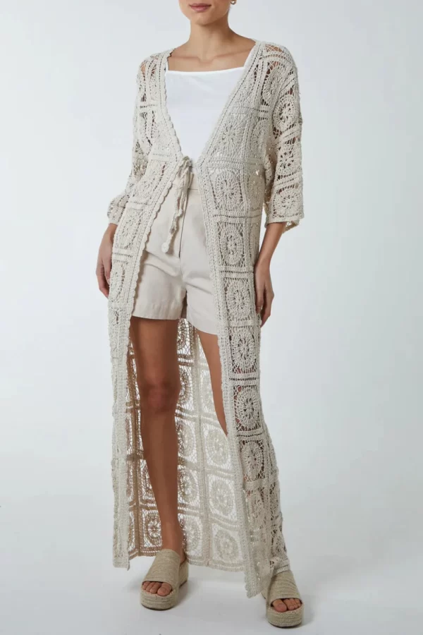 IVORY CROCHET TIE FRONT LONGLINE KIMONO