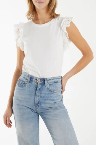 WHITE RUFFLE BRODERIE ANGLAISE SLEEVE T-SHIRT