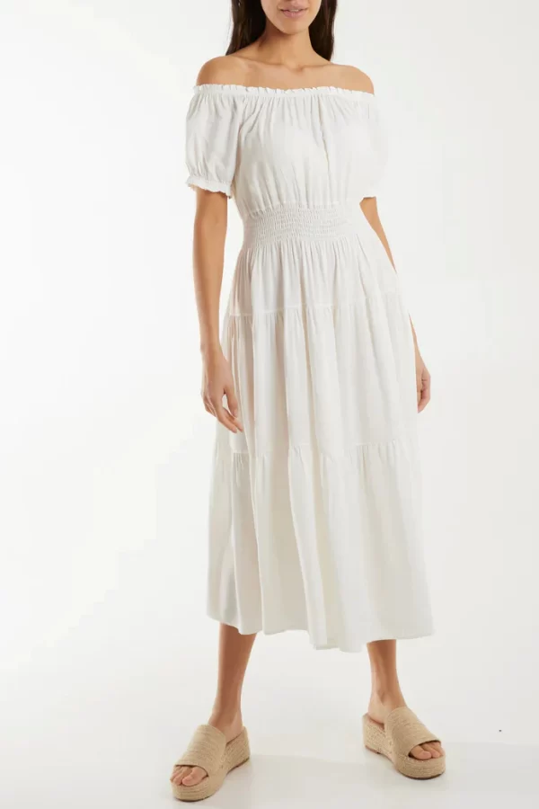 White Shirred Bardot Tiered Midi Dress