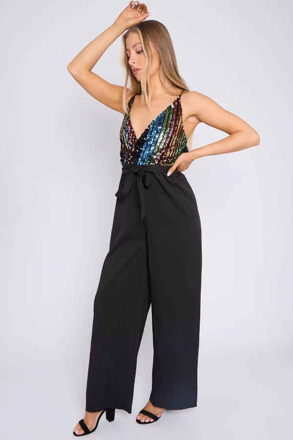 BLACK COMBINED SEQUIN JUMPSUIT