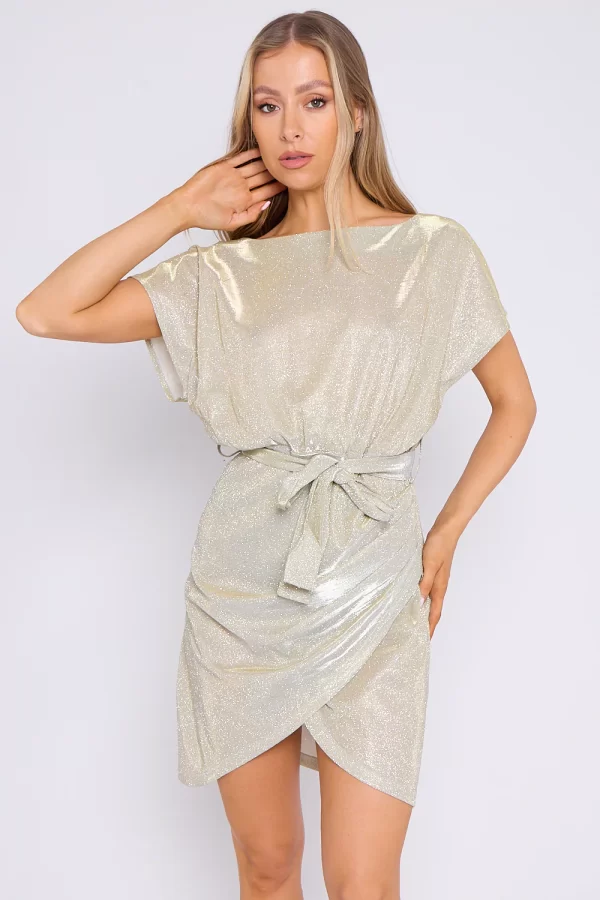 GEORGINA CHAMPAGNE SPARKLY WRAP MINI DRESS