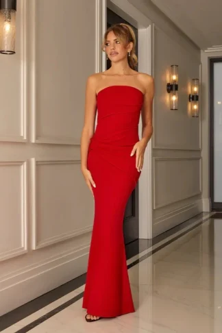 SELENE RED BANDEAU MAXI DRESS WITH KNOT DETAIL