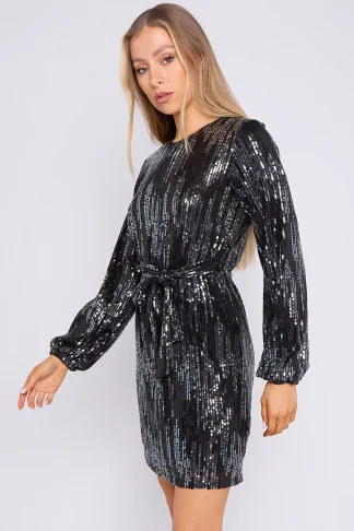 ELLE BLACK SILVER SEQUIN LONG SLEEVE DRESS