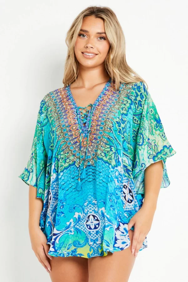 AQUA BLUE FLORAL SHORT BEACH DRESS KAFTAN