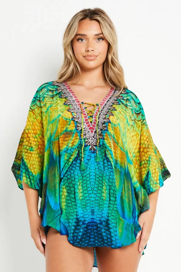 YELLOW BLUE SHORT BEACH DRESS KAFTAN