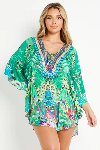 TROPICAL GREEN SHORT BEACH DRESS KAFTAN