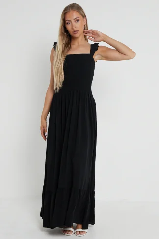 Shirred Maxi Dress With Frill