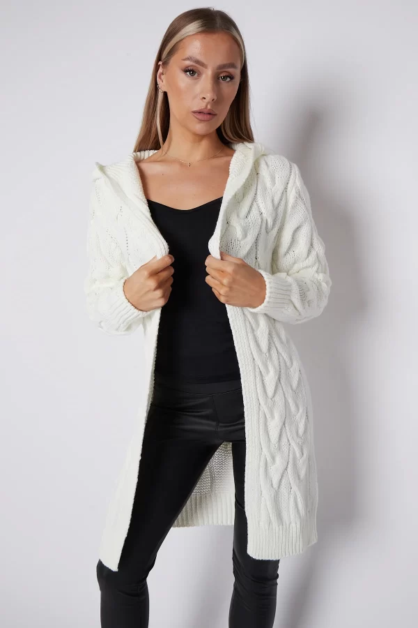 HOODED CABLE KNIT LONGLINE CARDIGAN