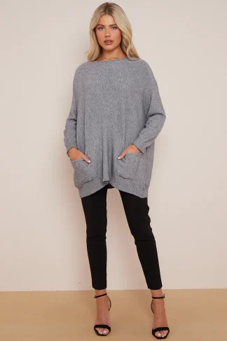 SILVER GREY ROUND NECK JUMPER WITH POCKETS