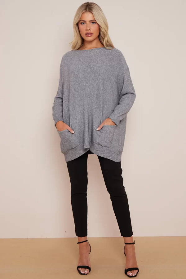 SILVER GREY ROUND NECK JUMPER WITH POCKETS
