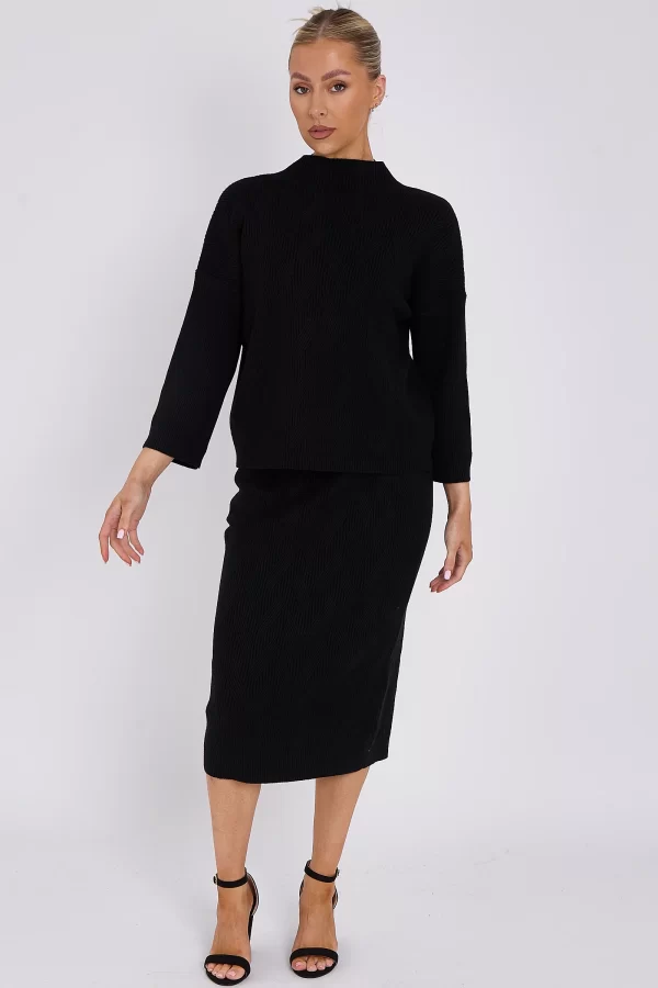 BLACK KNIT PATTERN MIDI SKIRT