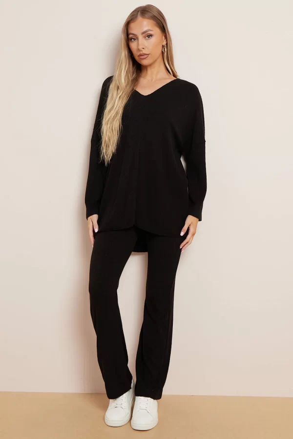 BLACK V NECK RIBBED LOUNGEWEAR SET