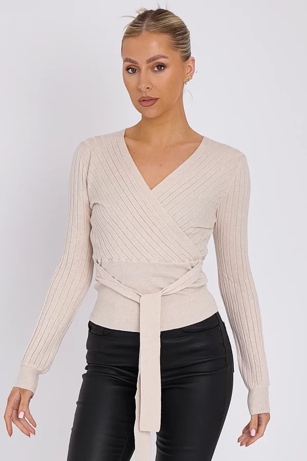 BEIGE RIB KNIT WRAP WITH TIE BELT