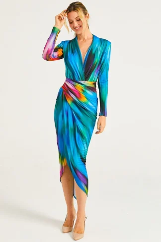 BLUE TIE DYE WRAP PLUNGE NECK MIDI DRESS