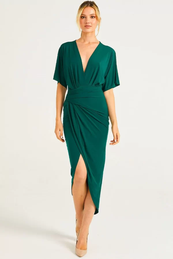 GREEN WRAP MIDI DRESS WITH FLUTTER SLEEVES