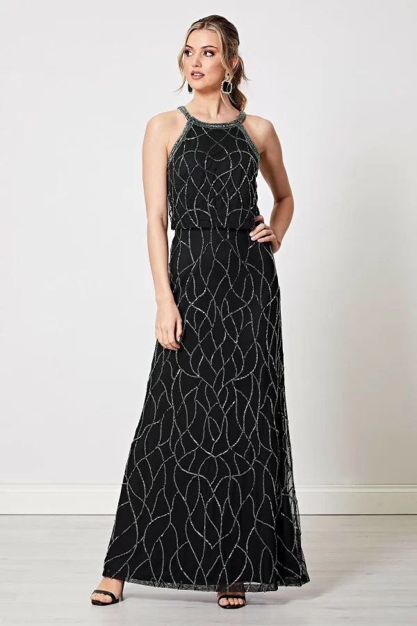 CHIARA DARK GREEN SEQUIN EMBELLISHED CAMI MAXI DRESS