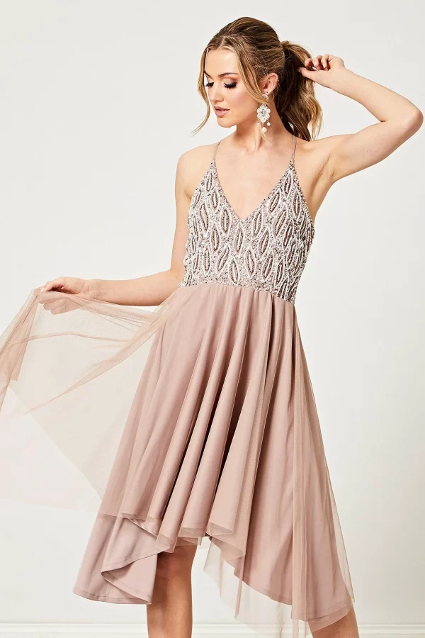 GABRIELLA LIGHT MAUVE EMBELLISHED V NECK MINI DRESS