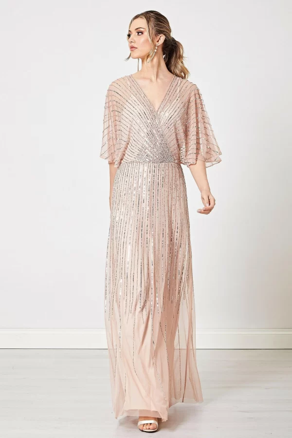 ALLEGRA BLUSH PINK EMBELLISHED FLUTTER SLEEVE MAXI DRESS