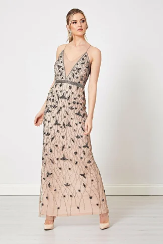 GIA BEIGE CAMI EMBELLISHED SEQUIN MAXI DRESS