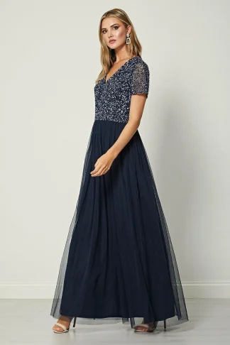 ELOISA V NECK SHORT SLEEVE EMBELLISHED MAXI DRESS