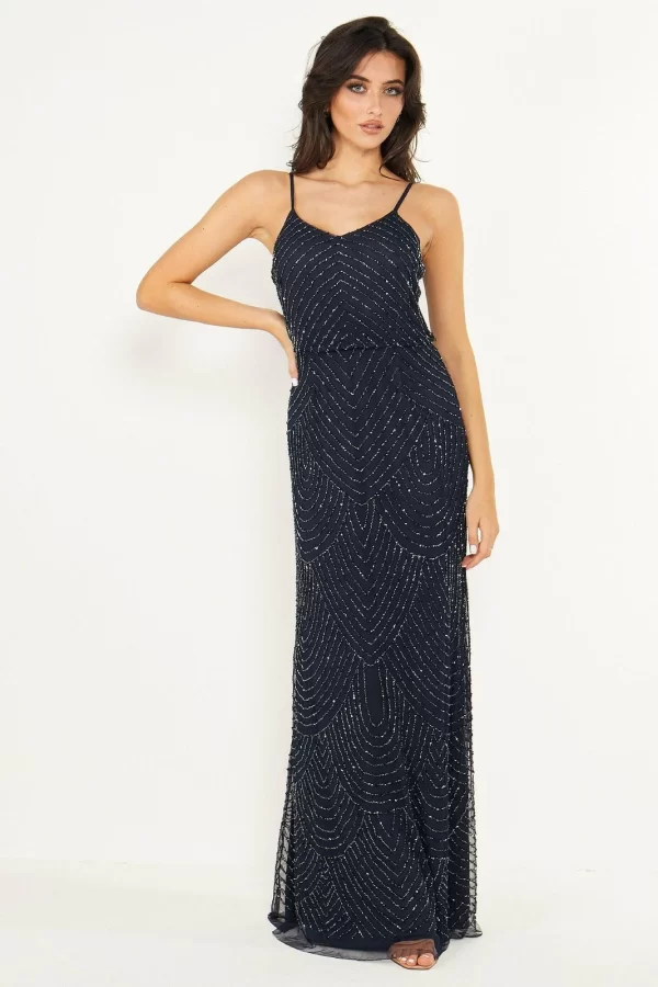 Viviana Navy Cami Sequin Stripe Embellished Maxi Dress