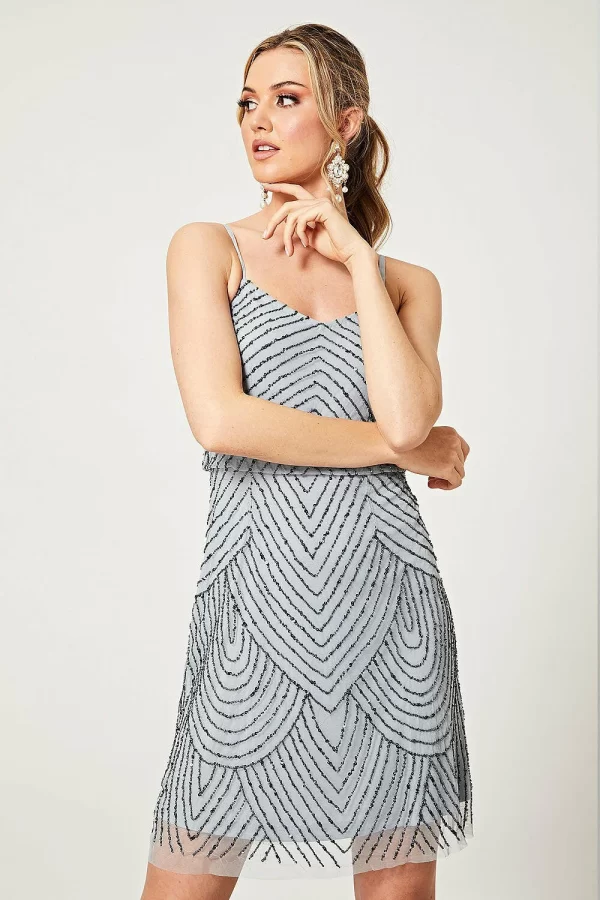 GIANA BLUE EMBELLISHED SEQUIN STRIPE MINI DRESS