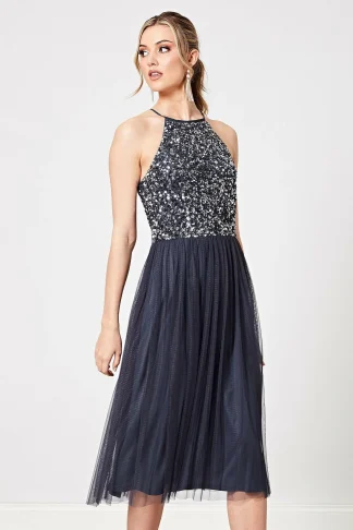 RAMONA EMBELLISHED HALTER NECK SEQUIN MIDI DRESS