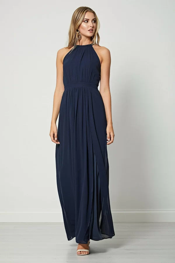ANGELINA NAVY BEADED HALTERNECK MAXI DRESS
