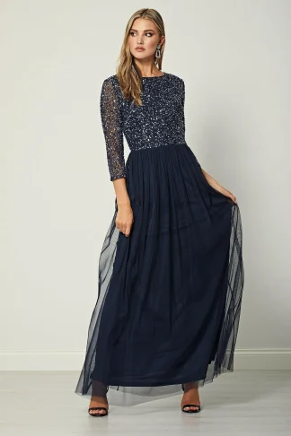 VALENTINA NAVY EMBELLISHED SEQUIN LONG SLEEVE MAXI DRESS