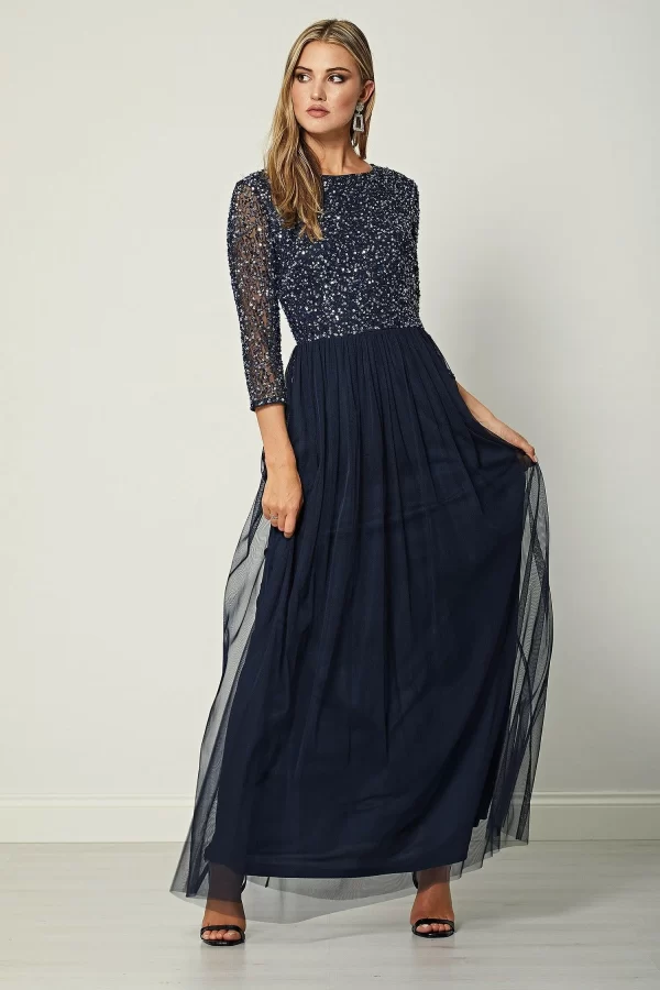 VALENTINA NAVY EMBELLISHED SEQUIN LONG SLEEVE MAXI DRESS