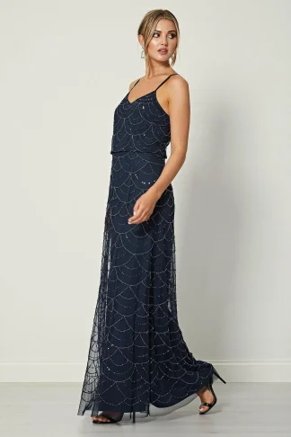 EVA NAVY CAMI SEQUIN BEADED MAXI DRESS