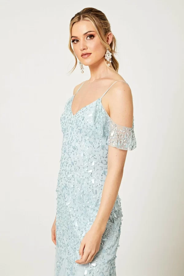 LARA LIGHT BLUE EMBELLISHED SEQUIN FLUTTER SLEEVE MAXI DRESS