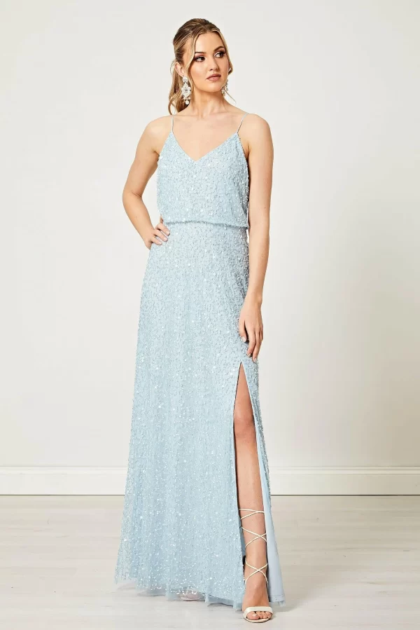 CHIARA LIGHT BLUE SCATTER EMBELLISHED SEQUIN MAXI DRESS