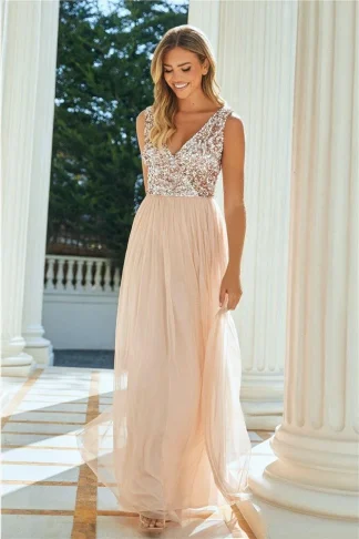 VALERIA BLUSH SEQUIN DETAILED V NECK TOP TIERED BRIDESMAID DRESS