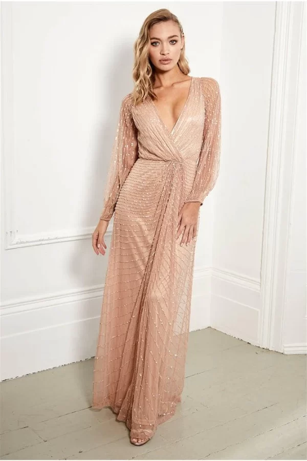 Daisianne Rose Gold Embellished Long Sleeve Wrap Maxi Dress