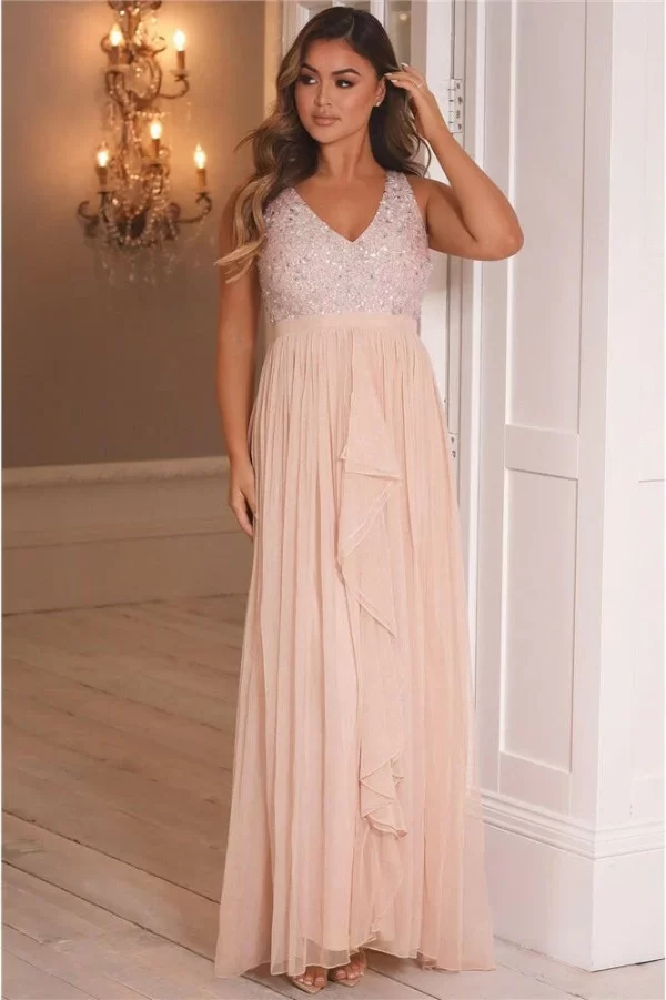 YASMIN BLUSH SEQUIN TOP TIERED MAXI DRESS