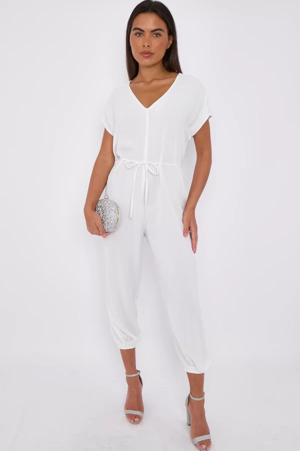 White V-Neck Belted Jumpsuit